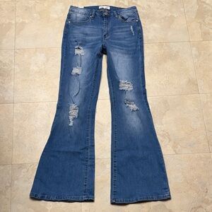 Almost Famous Size 9 stretch Blue Distressed Leg flare Jeans bell bottoms